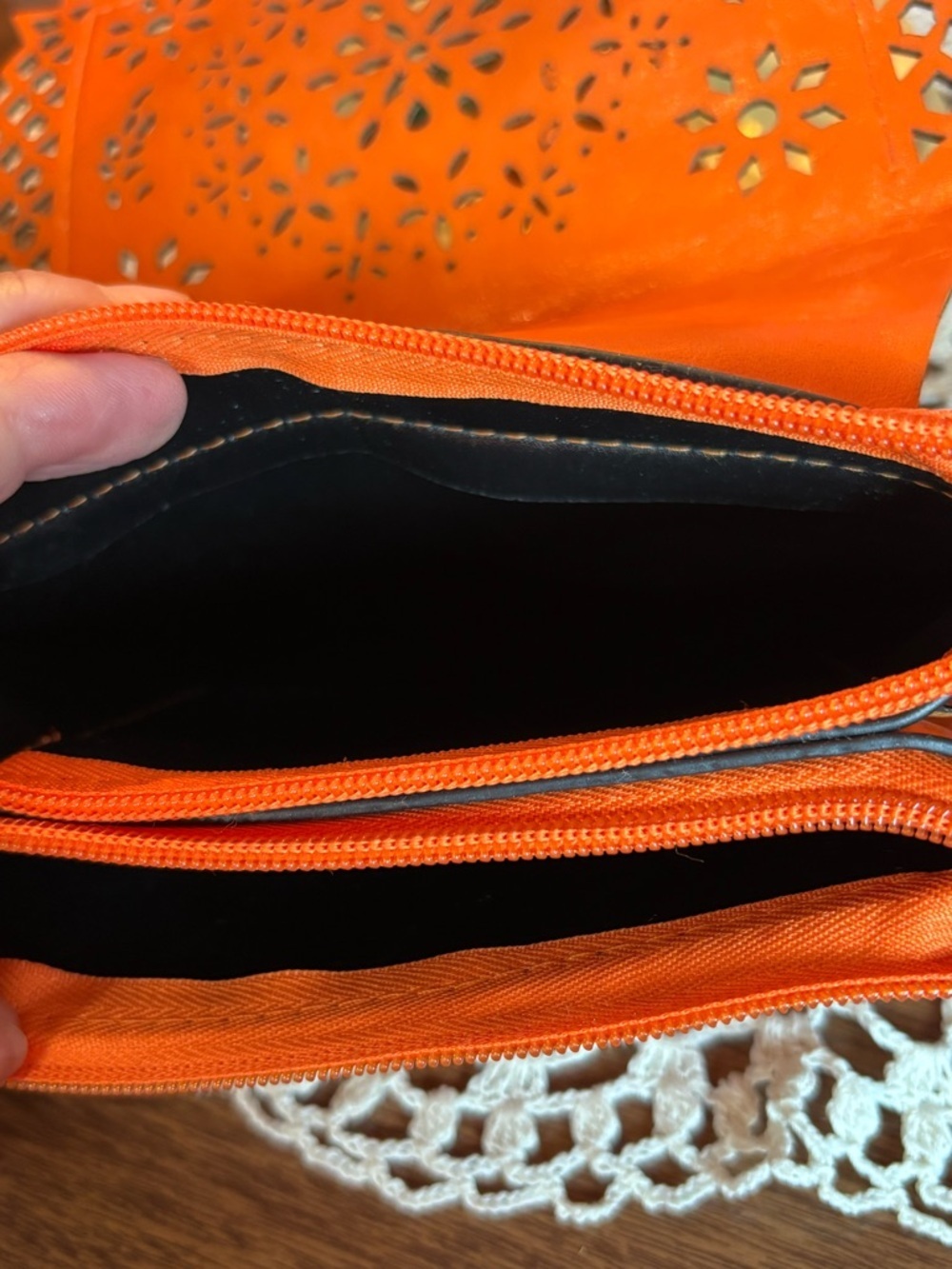 Victoria Leland Design Orange Laser-Cut Leather Crossbody Bag with Chain Strap - Picture 5 of 7